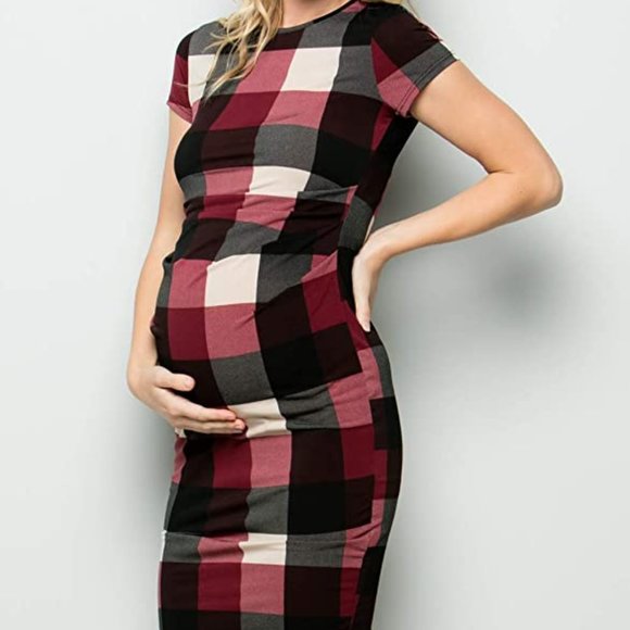 My Bump Maternity Bodycon Casual Short Sleeve Large Plaid Dress - Picture 1 of 4
